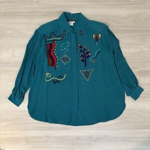 Regina Porter Womens Blouse Vintage 100% Silk Teal Abstract Embroidered Size 1X